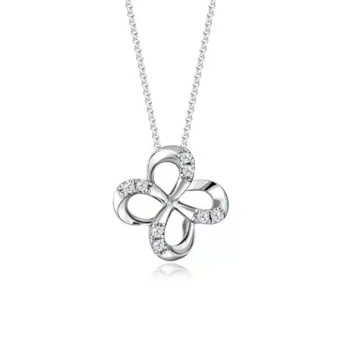 SK DIAMOND PENDANT LOOPING CLOVER a clover pendant with sparkles by lab grown diamonds in 10k white gold NECKLACE FOR WOMEN