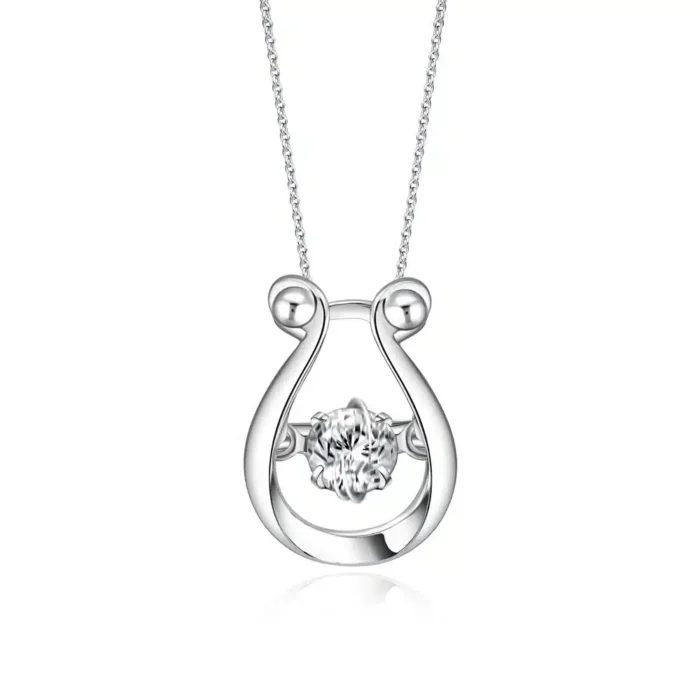 SK DIAMOND PENDANT STARLETT CADENCE DANCING a dancing lab grown diamond within a harp shaped frame in 10k white gold NECKLACE FOR WOMEN