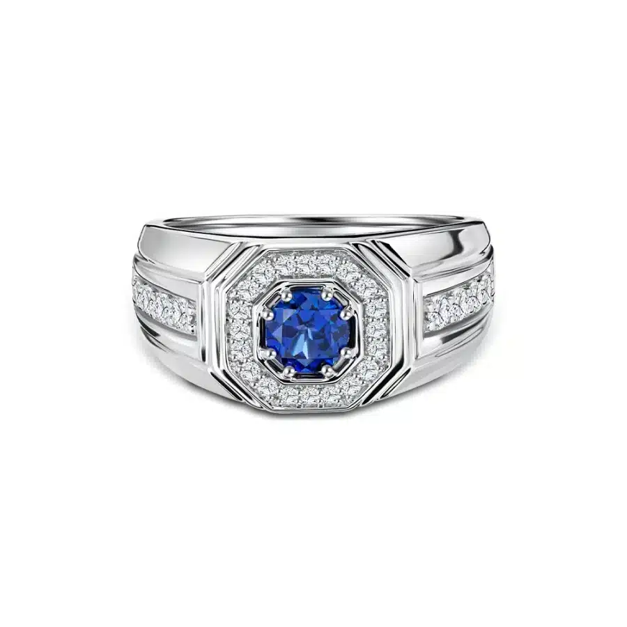 SK DIAMOND RING in 14k white gold with an octagon halo and sapphire diamond OCTAGON OUTLINE GALAXY SAPPHIRE