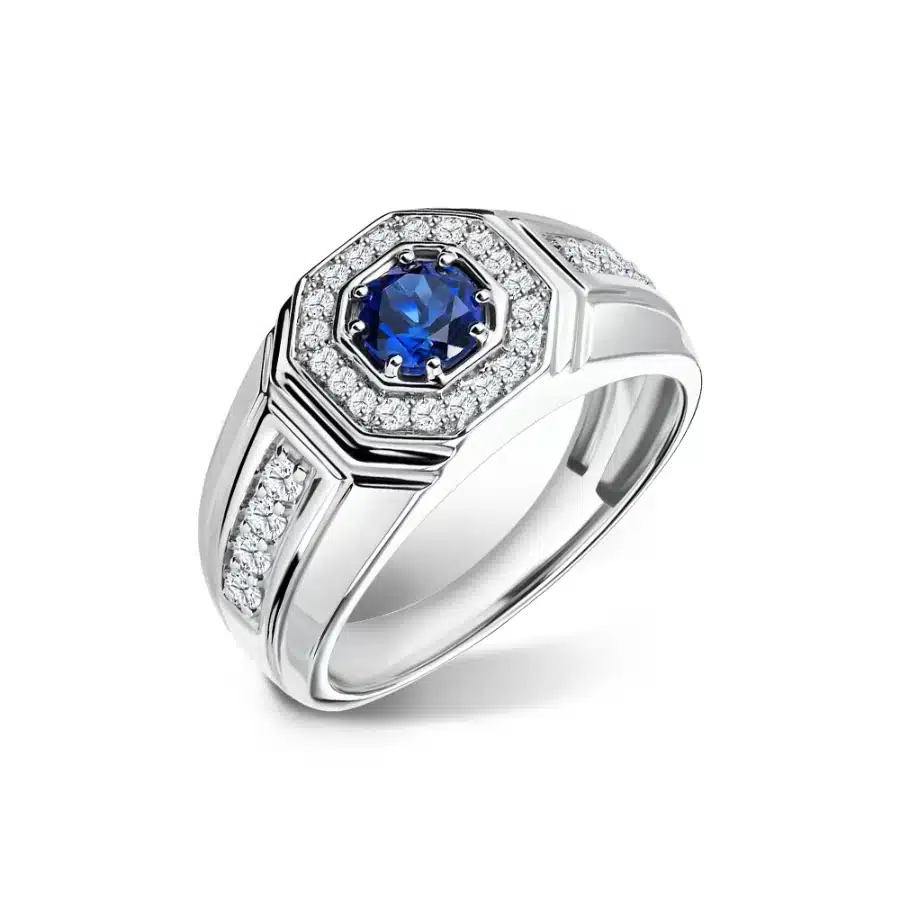 SK DIAMOND RING with an octagon halo in 14k white gold with sapphire diamond OCTAGON OUTLINE GALAXY SAPPHIRE