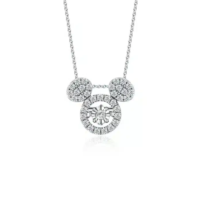 SK DIAMOND PENDANT ICONIC MICKEY MOUSE mickey mouse pendant with a lab grown diamond dancing at the center in 10k white gold NECKLACE FOR WOMEN